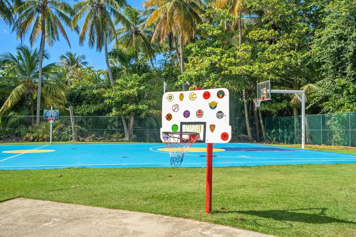 Cancha de baloncesto entre palmeras